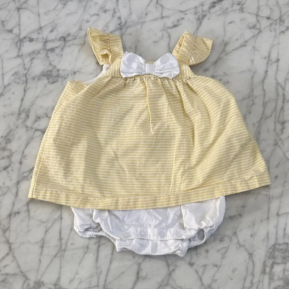 Janie and Jack Yellow Striped Baby Dress with Chest Bow Bloomers Sz 3-6 Mo